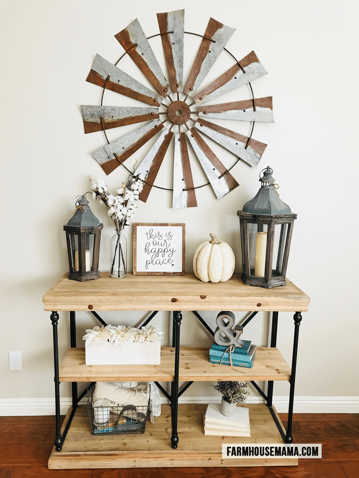 Farmhouse Entryway: Check out how I decorated my entryway hallway with farmhouse style. Fall decor #farmhouse #farmhousedecor #farmhousefall #chipandjoannagaines #fixerupper #fixerupperstyle #falldecor #farmhouseentryway #potterybarn #mypotterybarn #homedecor